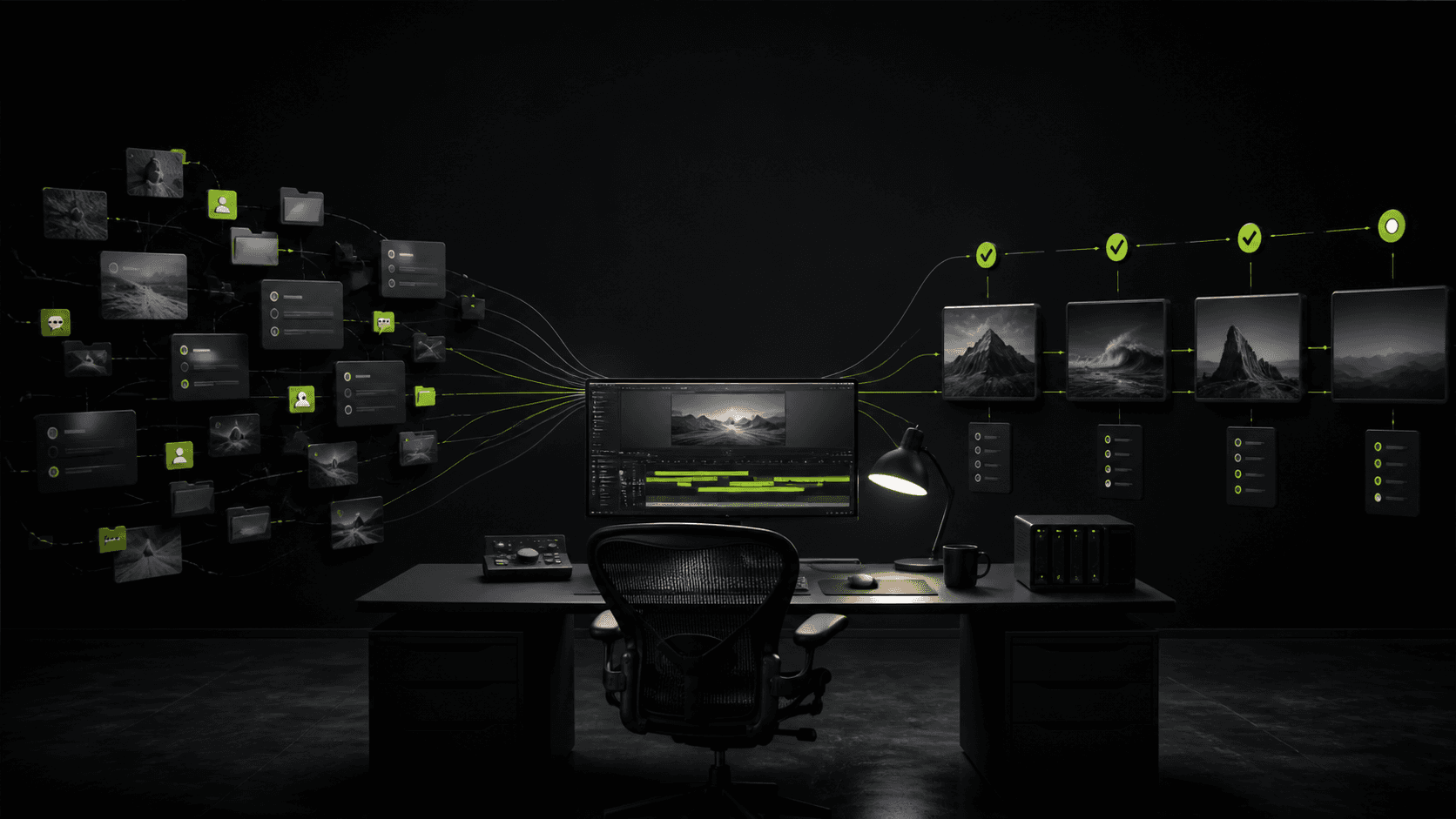 Video editing project workflows converging into an organized production system