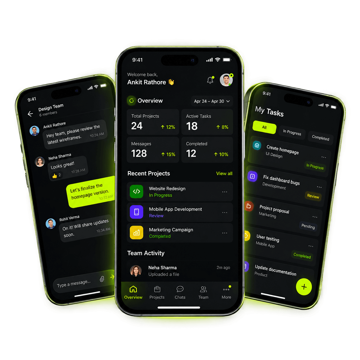 GigXomi mobile app showing conversations, projects, and team activity